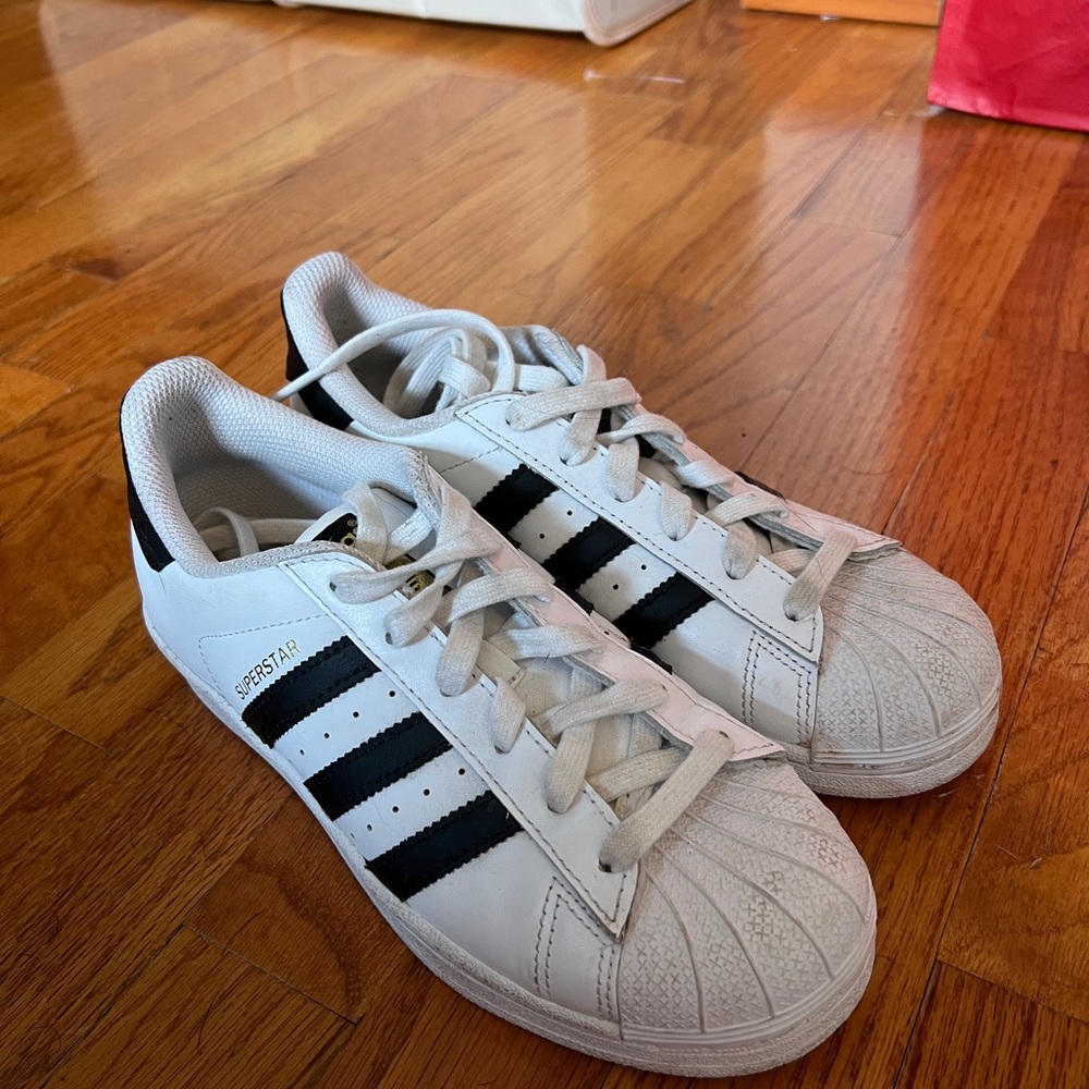 Worn Once Adidas Superstar White with Black Stripes Size 4